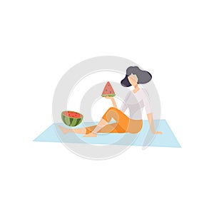 Young Woman Sitting on Plaid and Eating Watermelon, Girl Relaxing on Nature Vector Illustration