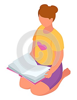 Young woman sitting and reading book. Casual female reader enjoying literature. Love for books and reading concept