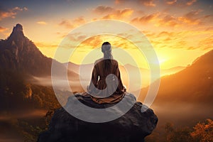 Young woman sitting on the rock and looking at the valley at sunset, A female meditating on top of a mountain with a beautiful