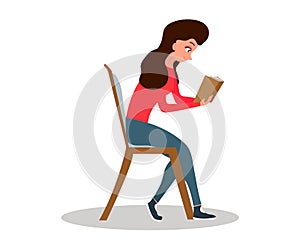 Young woman sitting in rocking chair. Girl leisure time. Woman reading a book. Cute girl at home.Vector illustration