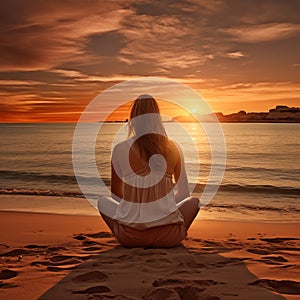 Young woman sitting on sea beach at sunset