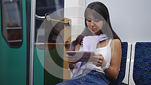 A young woman is sitting in a subway car, watching a movie on a computer tablet