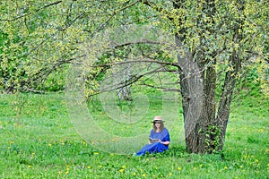 A young woman is sitting under a tree and reading a book. Girl in a blue dress with a book on a background of spring nature