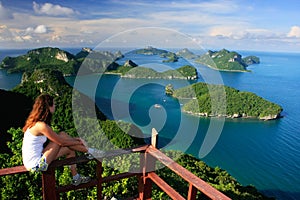 Young woman sitting at the view point, Ang Thong National Marine