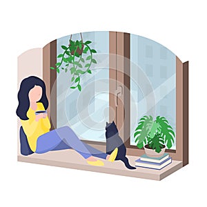 Young woman sitting on a window sill with a cup of tea and a cat. Vector illustration.