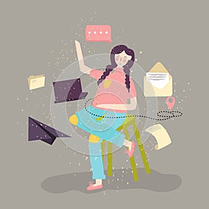 Young woman sitting and working with laptop. Flat modern illustration of social networking and texting emailing to