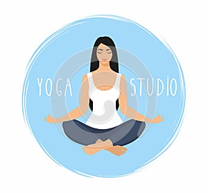 Young woman sitting in yoga lotus pose. Meditating girl illustration. Yoga woman, meditation, anti-stress people with speech bubbl