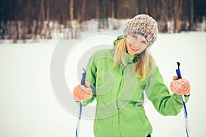 Young Woman with ski happy smiling face