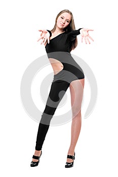 Young woman in skintight black costume photo