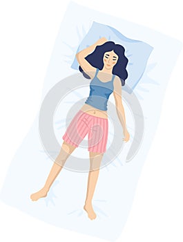 Young woman sleeping in the bed on the back in a free position. Cute girl resting after a working, school day. Vector