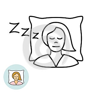 Young woman sleeping on a pillow line icon. Girl snoring illustration