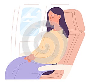 Young woman sleeps on an airplane. Vector illustration