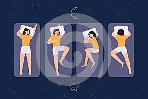 Young woman Sleeps in different poses. Sleping in bed wearing pajama. Night sky with crescent stars and moon. Sleep positions