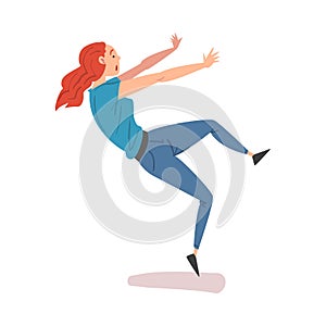 Young Woman Slipped and Lost Balance, Girl Falling Down Backwards on Floor Cartoon Style Vector Illustration on White