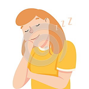 Young Woman Slumbering or Drowsing with Hand Reclined Upon His Head Vector Illustration