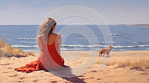 young woman and small dog sit on beach sand ,watching sea wave