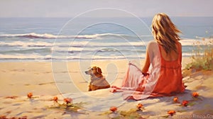 young woman and small dog sit on beach sand ,watching sea wave