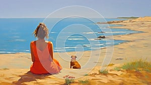 young woman and small dog sit on beach sand ,watching sea wave