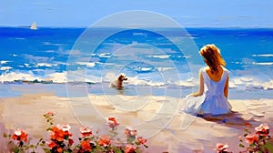 young woman and small dog sit on beach sand ,watching sea wave