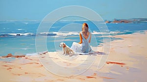 young woman and small dog sit on beach sand ,watching sea wave