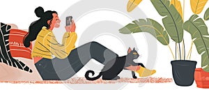 Young woman with a smartphone and her black cat at home. Cozy atmosphere. Horzintal banner for animal shelters. Flat illustration