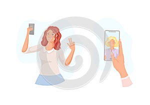 Young Woman with Smartphone Recording Video with Camera Filming Selfie Picture Vector Set