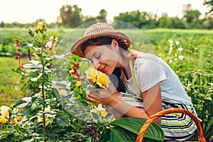 Young woman smelling flowers in garden. Gardener cutting roses off with pruner. Summer gardening work