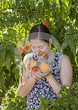 Young Woman Smelling Fresh Peaches.