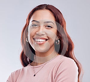 Young woman, smile and studio portrait with clothes, jewellery and beauty by white background. Gen z student, girl or