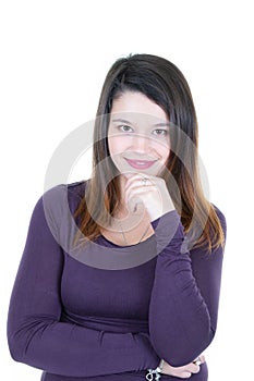 Young woman smiling portrait isolated on white background