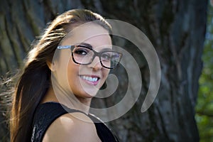 young woman smiling wearing glasses lifestyle happy stylish student lady