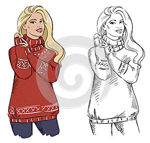 Young woman smiling  wearing  a traditional chritmas sweater