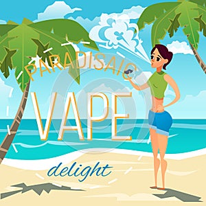 A young woman smokes an electronic cigarette and produces a cloud of smoke. Advertising illustration