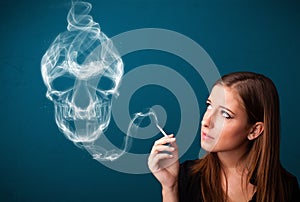 Young woman smoking dangerous cigarette with toxic skull smoke