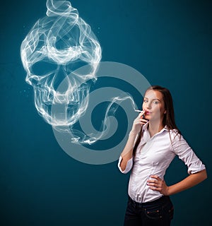 Young woman smoking dangerous cigarette with toxic skull smoke