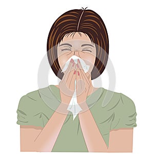 A young woman is  sneezing and covering her nose and mouth with a handkerchief or tissue. Cartoon

illustration.