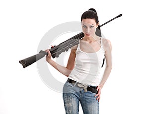 Young woman with a sniper rifle.