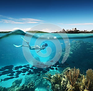 Young woman snorkeling in the coral reef in the tropical sea photo