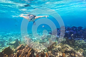 Young woman snorkeling in the tropical water