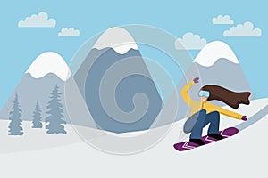 Young Woman snowboarding on a frosty day in the winter snowy mountains