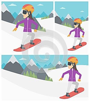 Young woman snowboarding vector illustration.