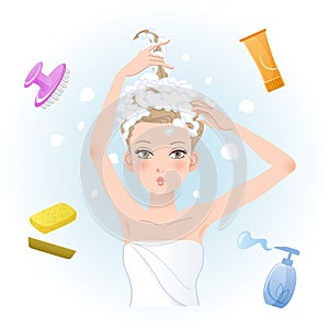 Young woman soaping her hair with body/hair care products