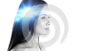 Young woman and a spiral galaxy on the background of a head, double exposure. Idea and creativity,