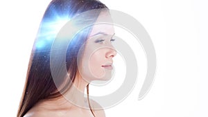 Young woman and a spiral galaxy on the background of a head, double exposure. Idea and creativity,