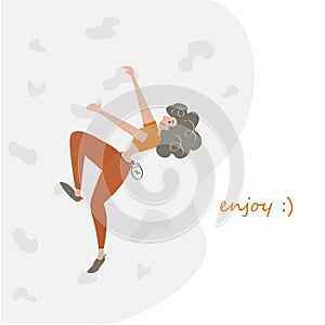 Young woman in a sports clothes on the climbing wall. Rock climbing girl. Flat vector illustration.