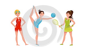 Young Woman in Sportswear Doing Gymnastics and Playing Tennis Vector Illustration Set