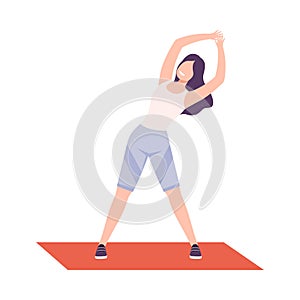 Young Woman in Sportswear Doing Side Bend Stretch, Girl Exercising in Fitness Club, Gym or Home, Active Healthy