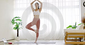 young woman in  sportswear  doing sports training  on yoga mat at home