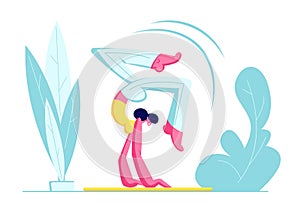 Young Woman in Sportswear Doing Yoga or Pilates Exercise Keeping Balance Standing on Hands in Scorpion Pose, Vrischikasana