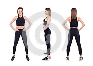 Young woman in sportswear standing straddle front, side, back view, isolated on white photo